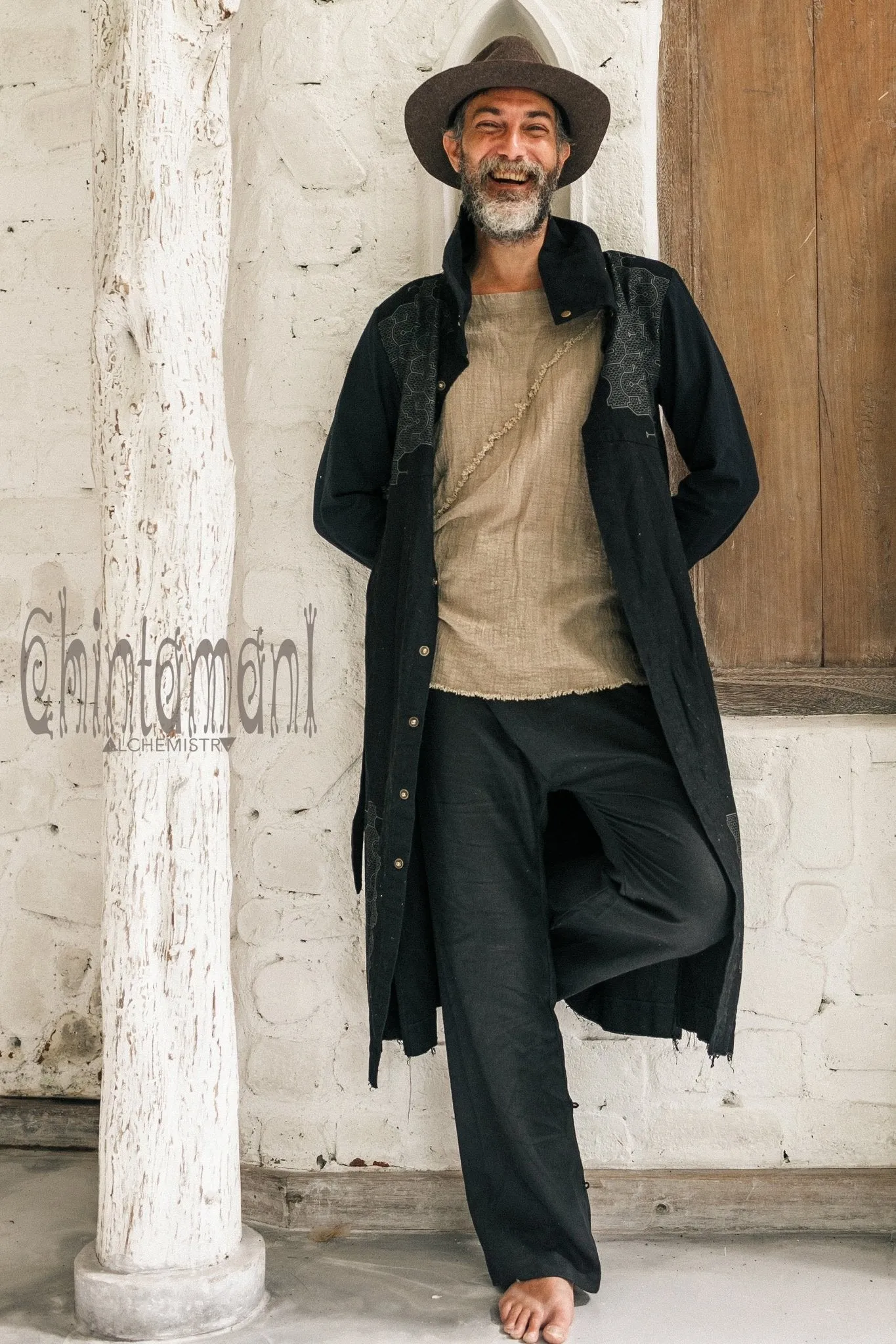 Cotton Canvas Mens Coat / Nomad Boho Cardigan Jacket with Shipibo Print / Black
