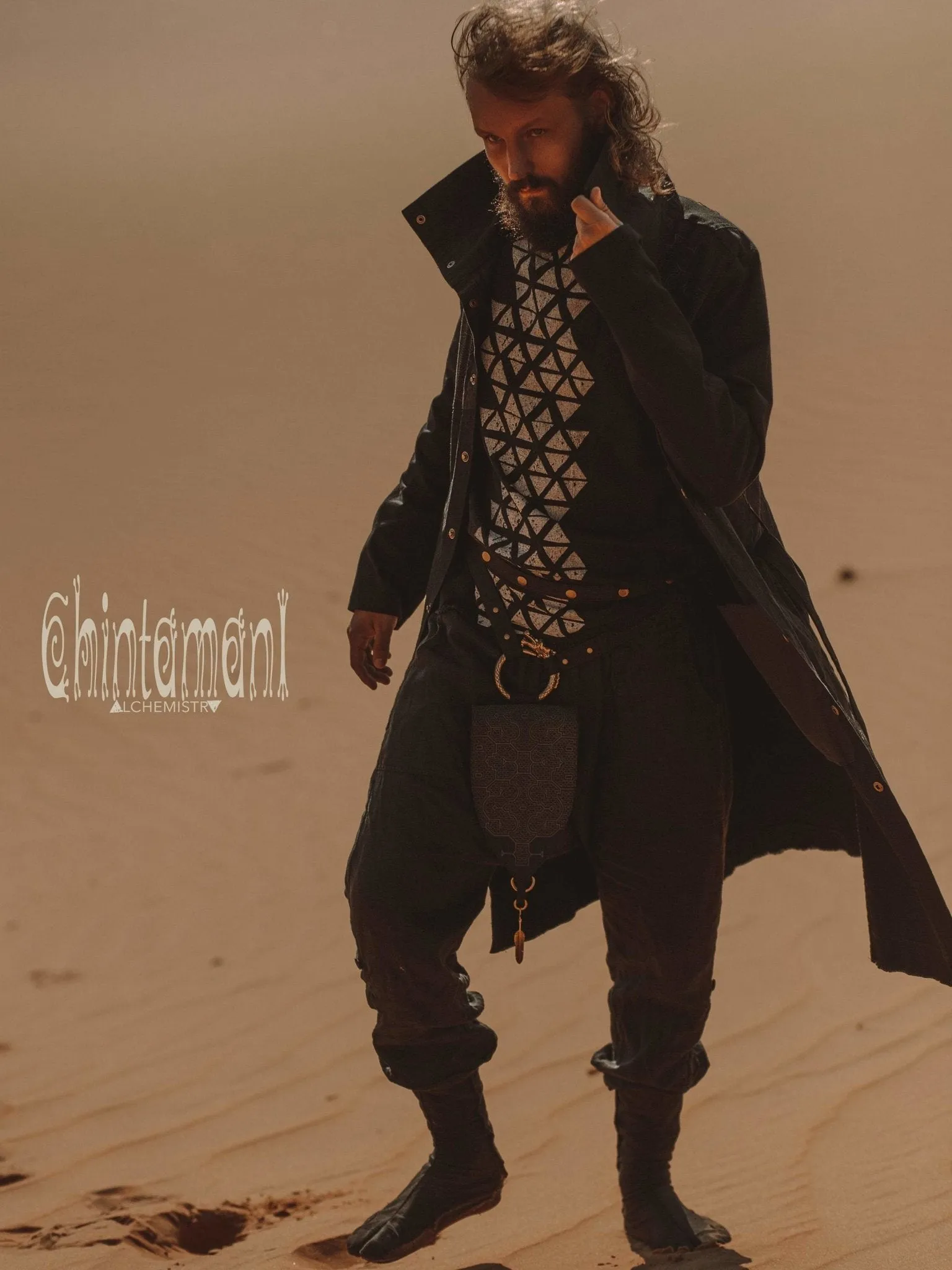 Cotton Canvas Mens Coat / Nomad Boho Cardigan Jacket with Shipibo Print / Black