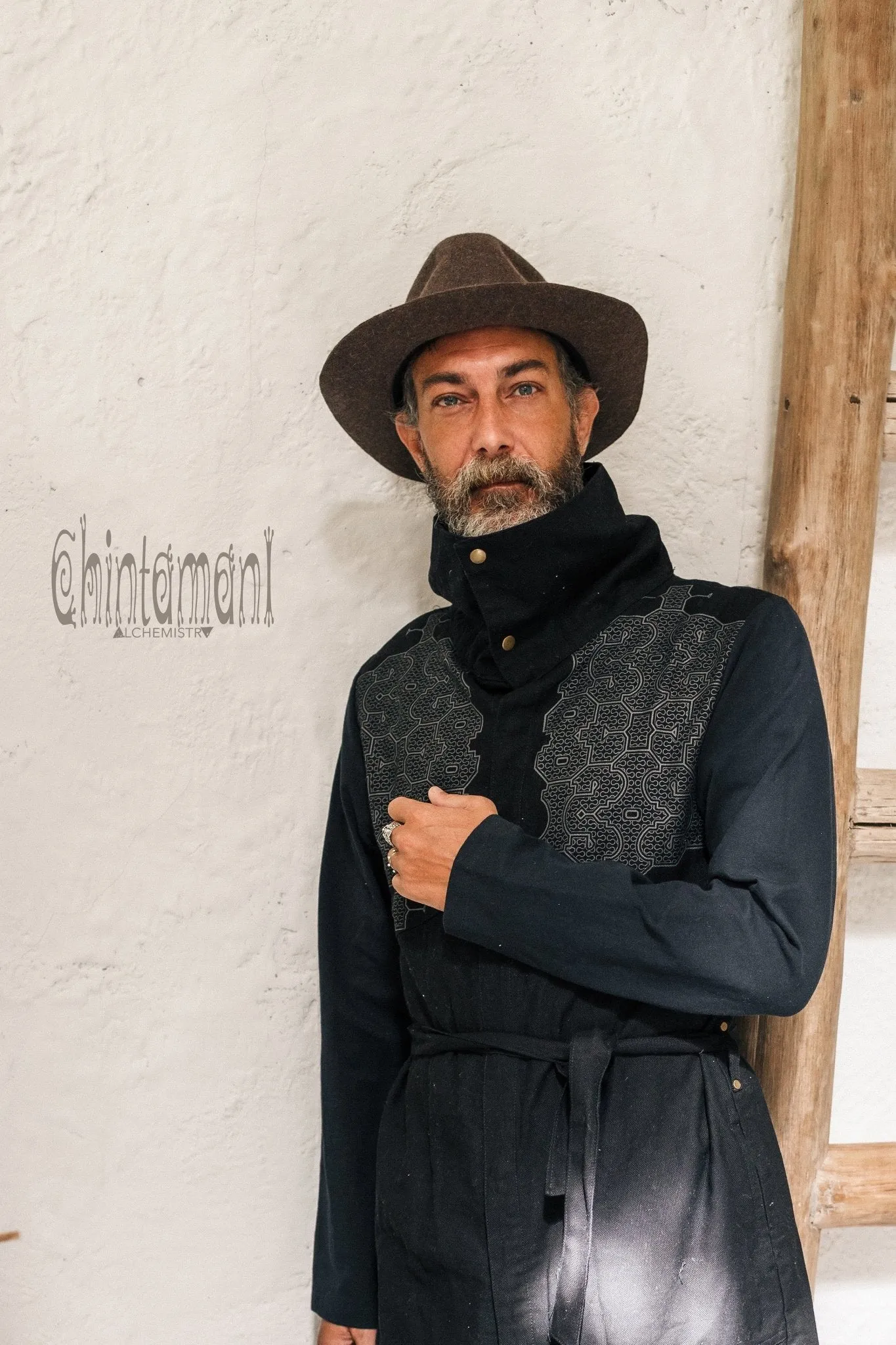 Cotton Canvas Mens Coat / Nomad Boho Cardigan Jacket with Shipibo Print / Black