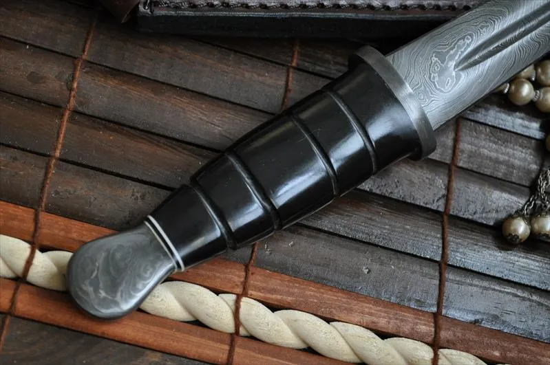 Custom Damascus Double Edge Hunting Knife With Leather Sheath