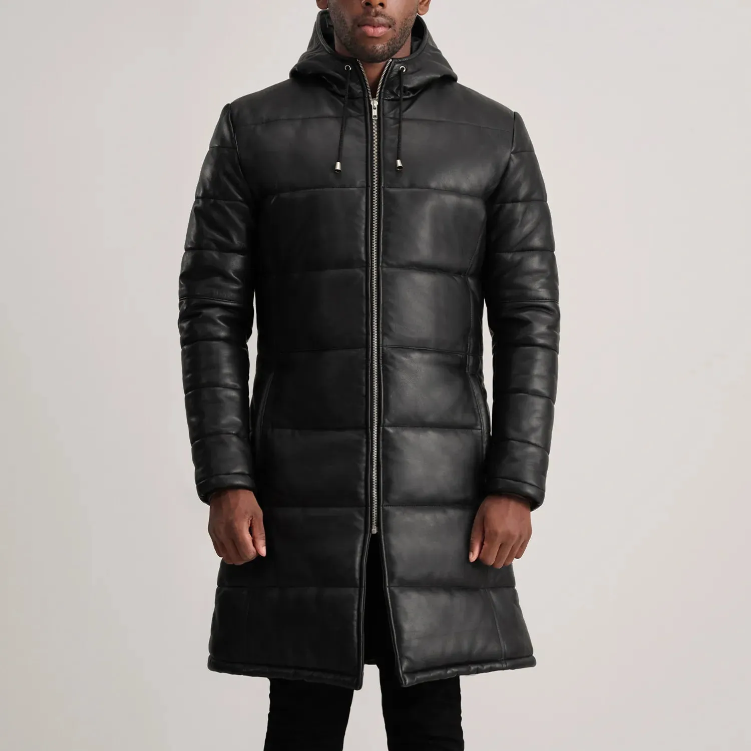 Floyd Black Hooded Leather Puffer Coat
