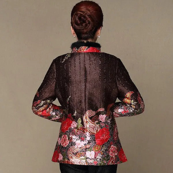Fur Collar & Cuff Floral Linen Chinese Style Women's Wadded Coat