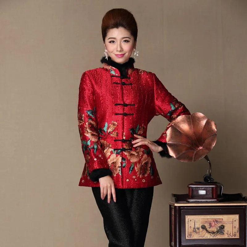 Fur Collar & Cuff Floral Linen Chinese Style Women's Wadded Coat