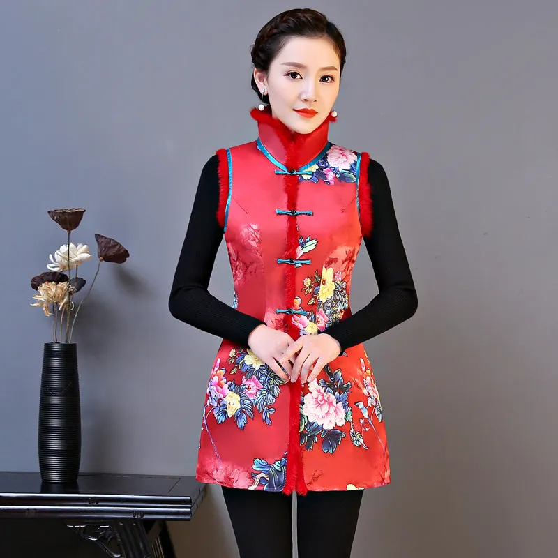 Fur Collar & Edge Floral Chinese Style Wadded Waistcoat Vest