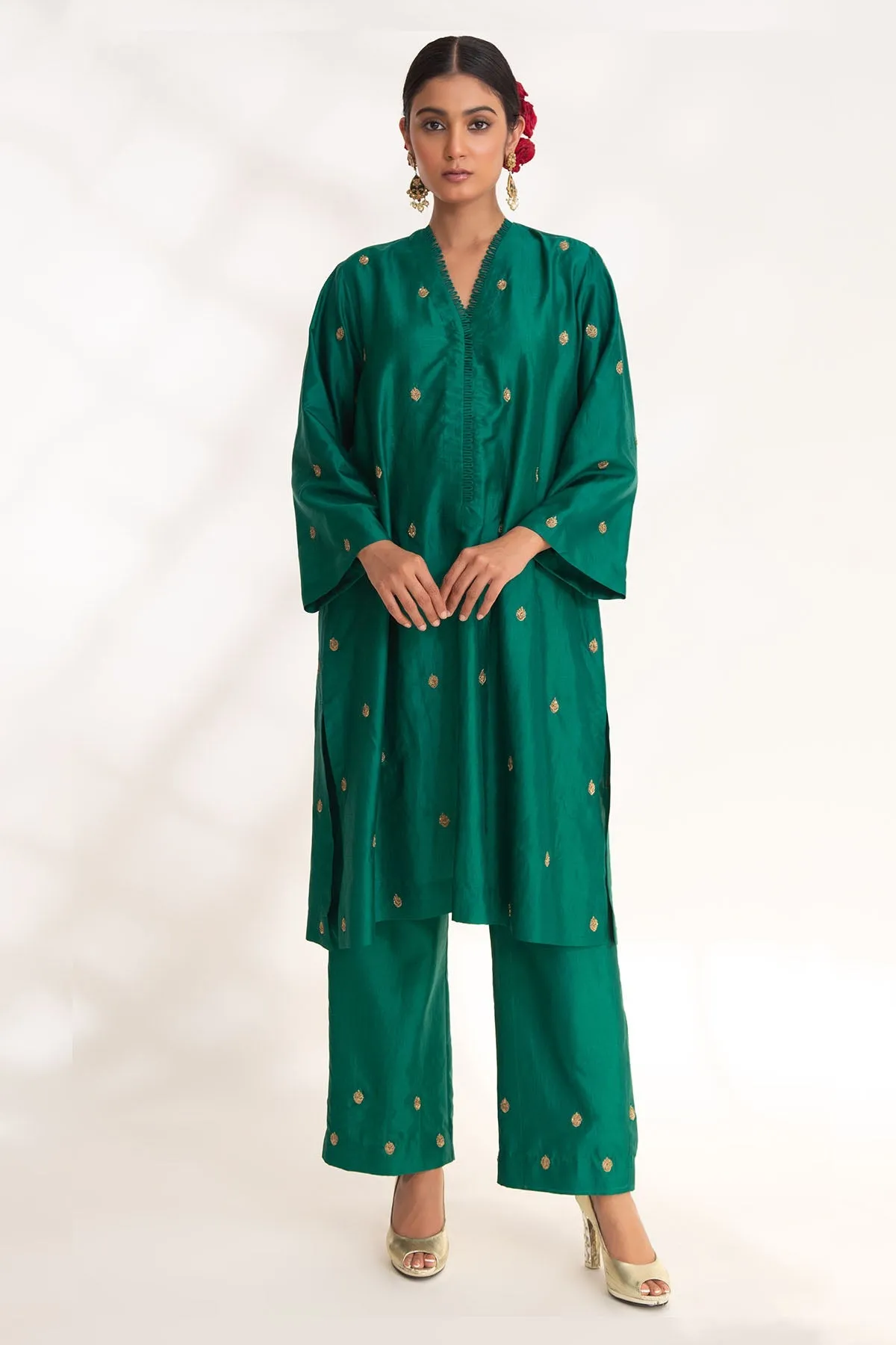 Green Short Flared Kurta & Pants