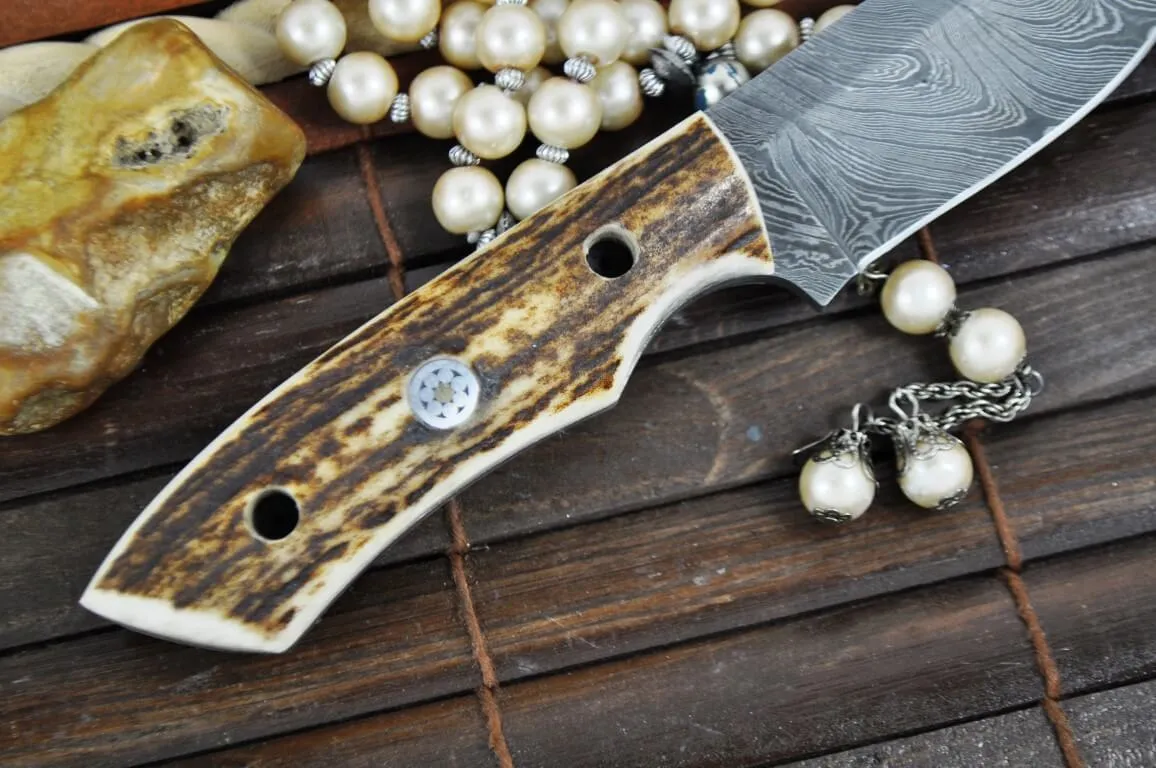 Handmade Damascus Steel Hunting Knife with Stag Antler Handle