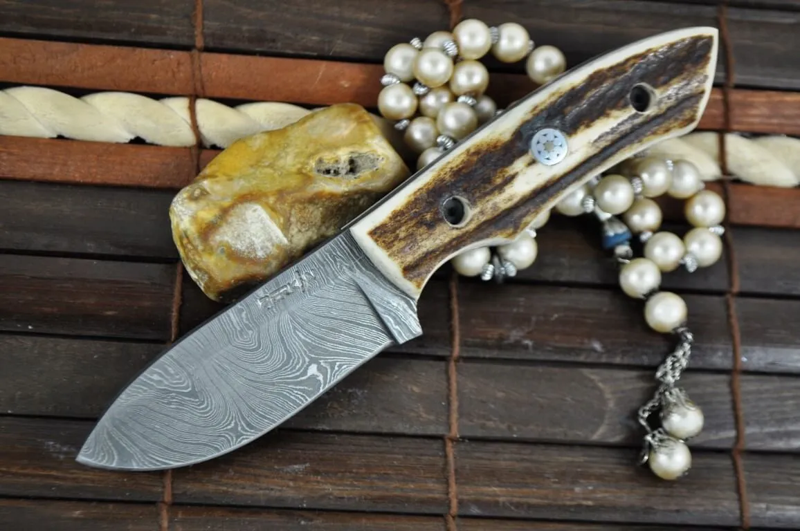 Handmade Damascus Steel Hunting Knife with Stag Antler Handle