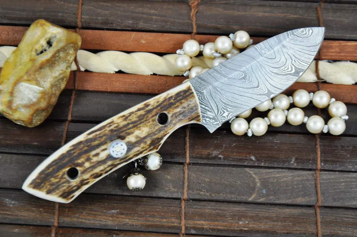 Handmade Damascus Steel Hunting Knife with Stag Antler Handle