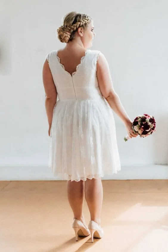 Informal High Quality French Lace Short Plus Size Wedding Dress