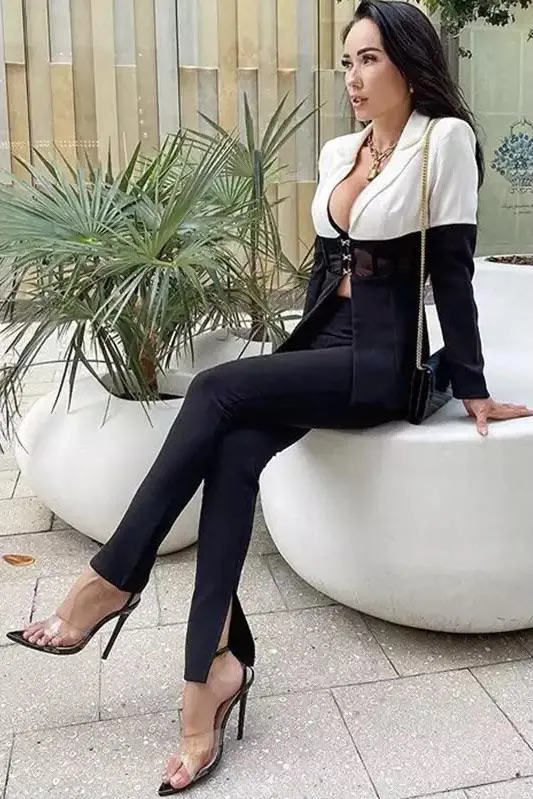 Jessica Bara Gemini Colorblock Corset Blazer and Split Pant Two Piece Set As Seen On Leyla Milani