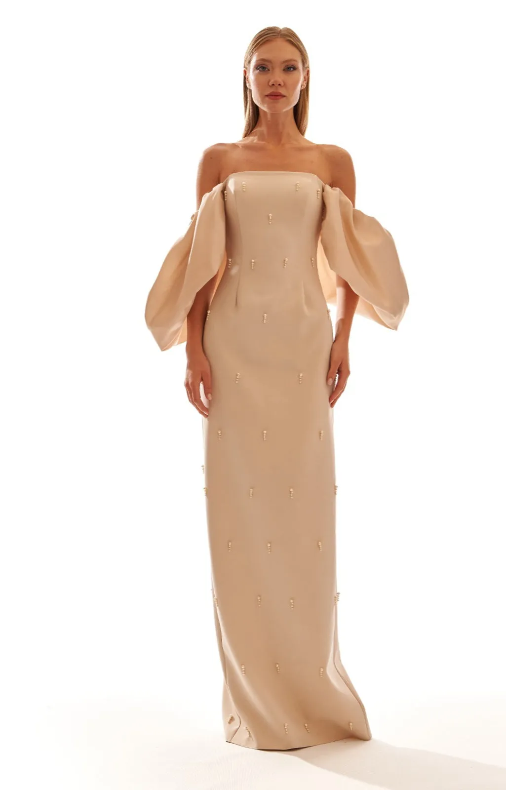 Maxi Strapless Dress With Sleeves