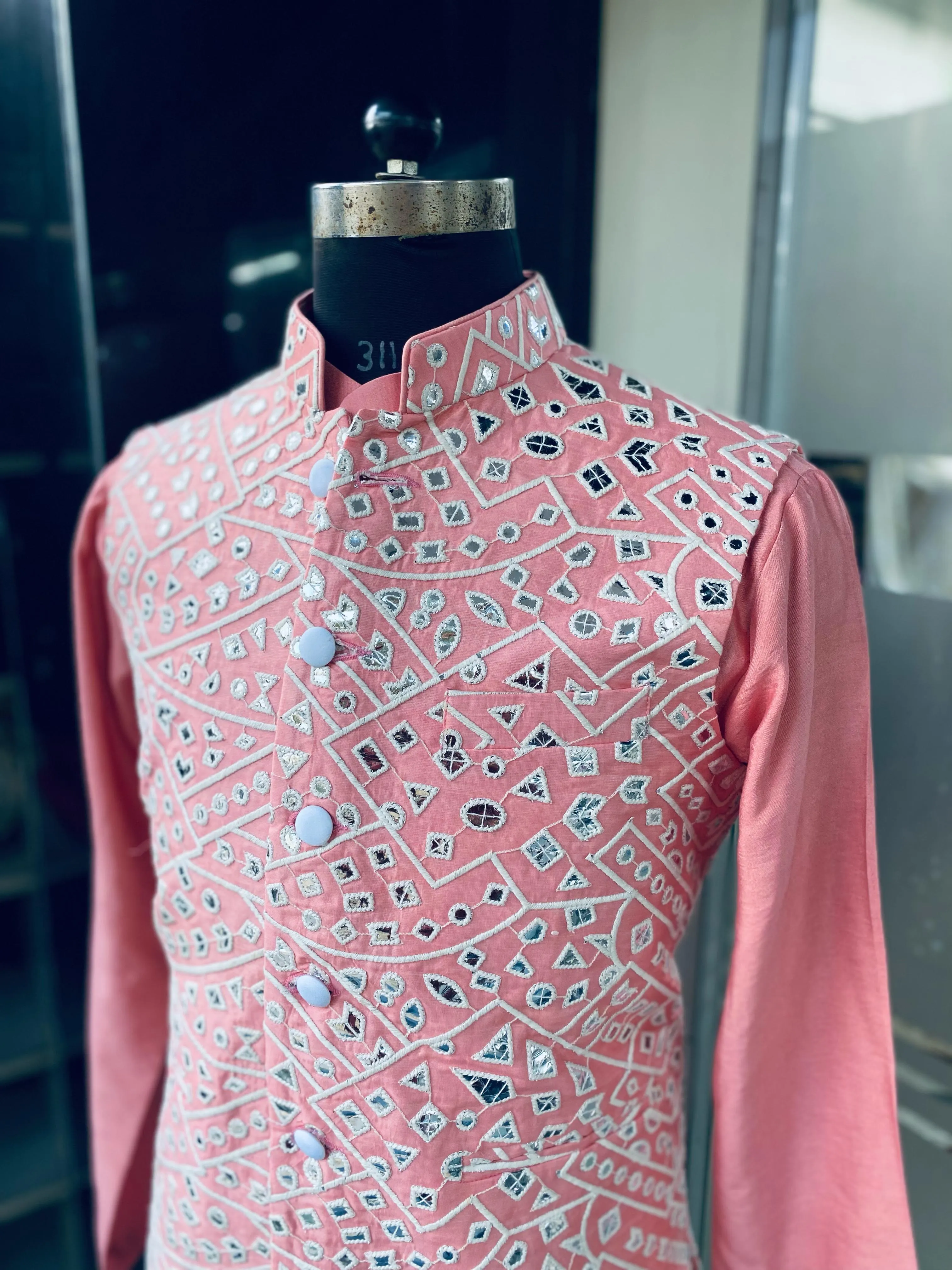 Menswear Pastel Pink Waist Coat With Kurta Set