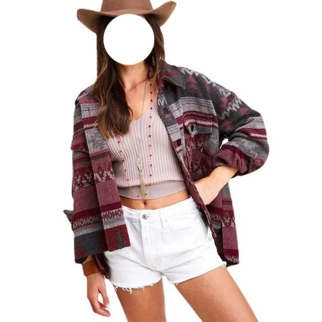 Nukty Vintage Jacket Women Splicing Loose Jacket Denim Print Aztec Retro Ethnic Style Long Sleeved Shirt Streetwear Female Goth Coat
