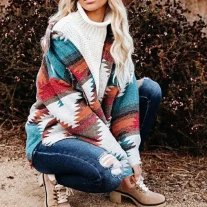 Nukty Vintage Jacket Women Splicing Loose Jacket Denim Print Aztec Retro Ethnic Style Long Sleeved Shirt Streetwear Female Goth Coat