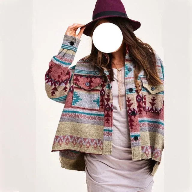 Nukty Vintage Jacket Women Splicing Loose Jacket Denim Print Aztec Retro Ethnic Style Long Sleeved Shirt Streetwear Female Goth Coat