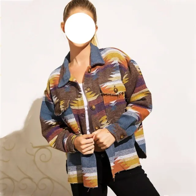 Nukty Vintage Jacket Women Splicing Loose Jacket Denim Print Aztec Retro Ethnic Style Long Sleeved Shirt Streetwear Female Goth Coat