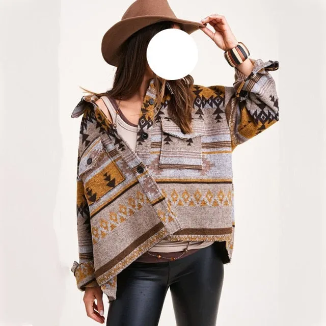 Nukty Vintage Jacket Women Splicing Loose Jacket Denim Print Aztec Retro Ethnic Style Long Sleeved Shirt Streetwear Female Goth Coat