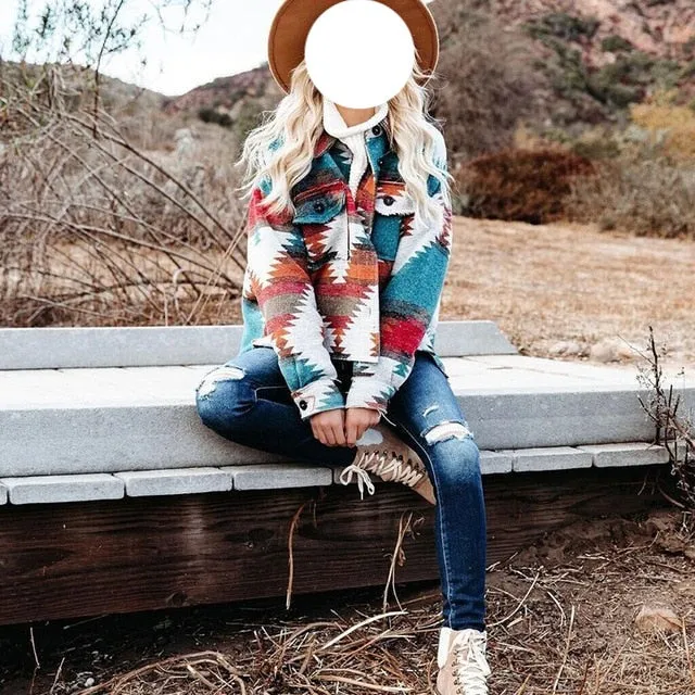 Nukty Vintage Jacket Women Splicing Loose Jacket Denim Print Aztec Retro Ethnic Style Long Sleeved Shirt Streetwear Female Goth Coat