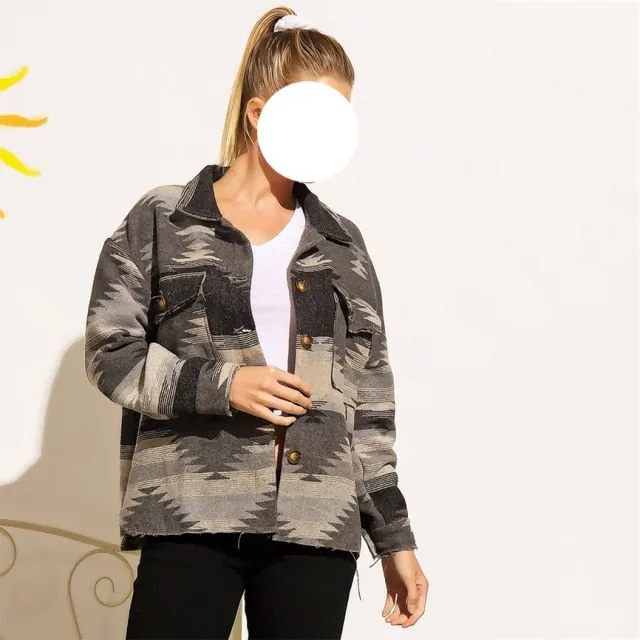 Nukty Vintage Jacket Women Splicing Loose Jacket Denim Print Aztec Retro Ethnic Style Long Sleeved Shirt Streetwear Female Goth Coat