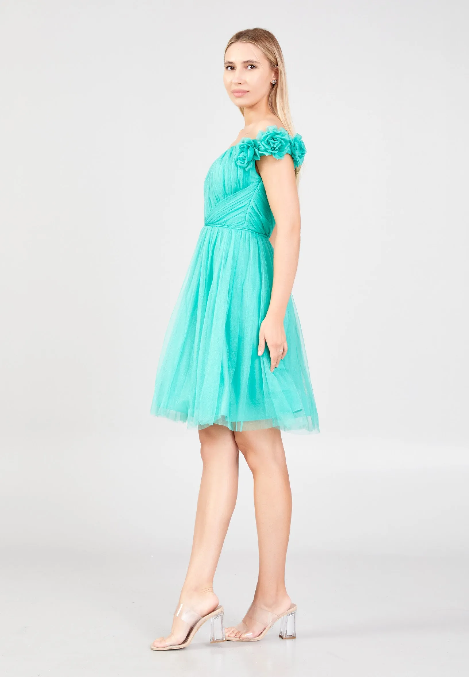 Off Shoulder 3D Flower Short Dress