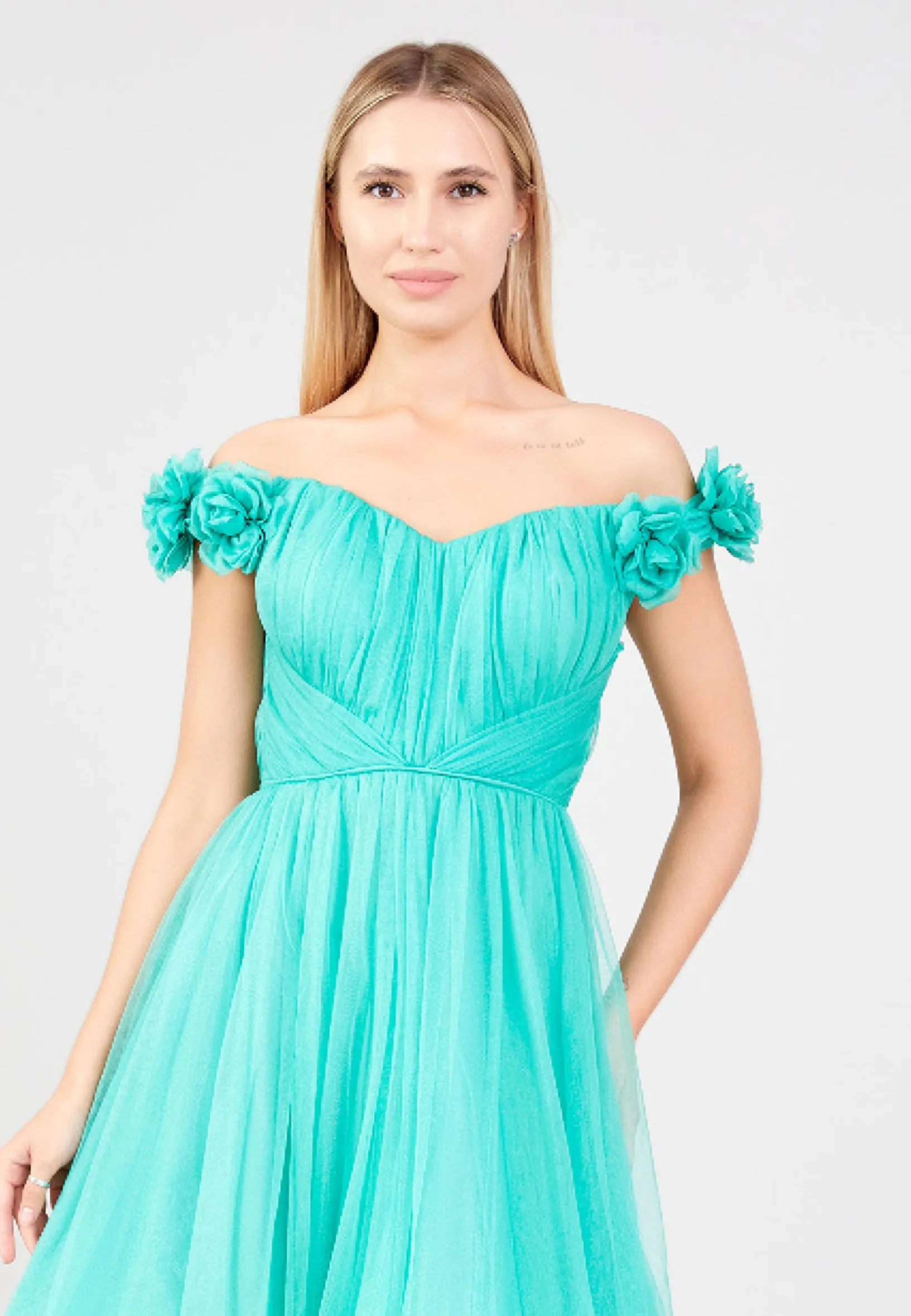 Off Shoulder 3D Flower Short Dress