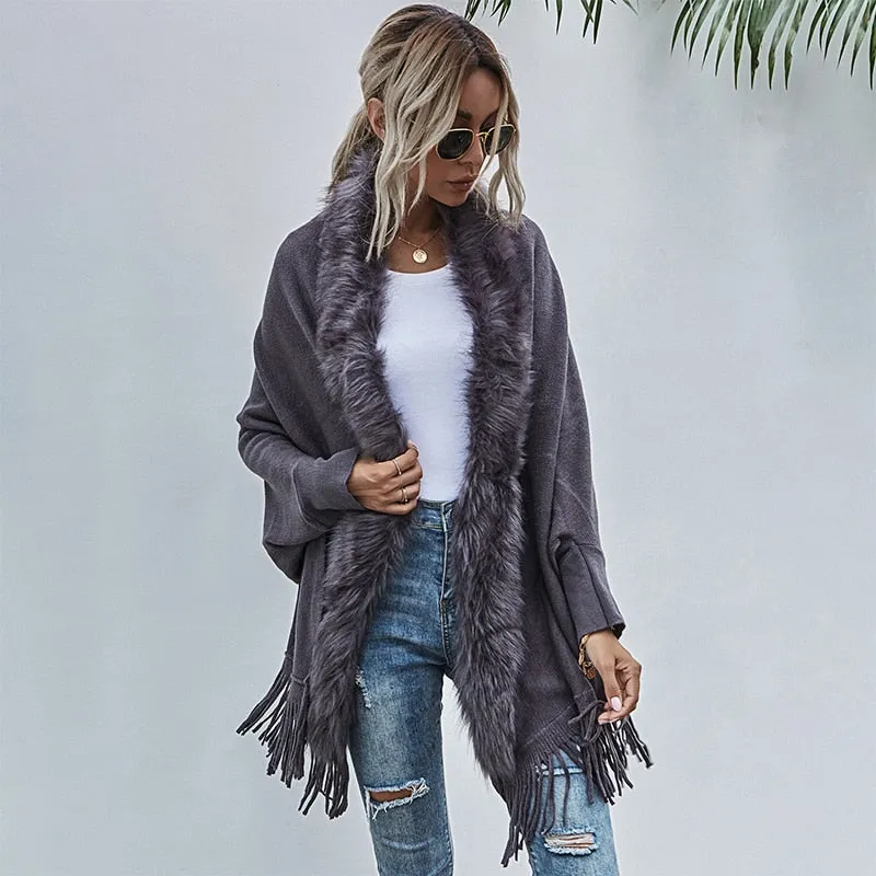 Shawl Pashmina-Style Cape Wrap Throw-Over With Stylish Fur Collar