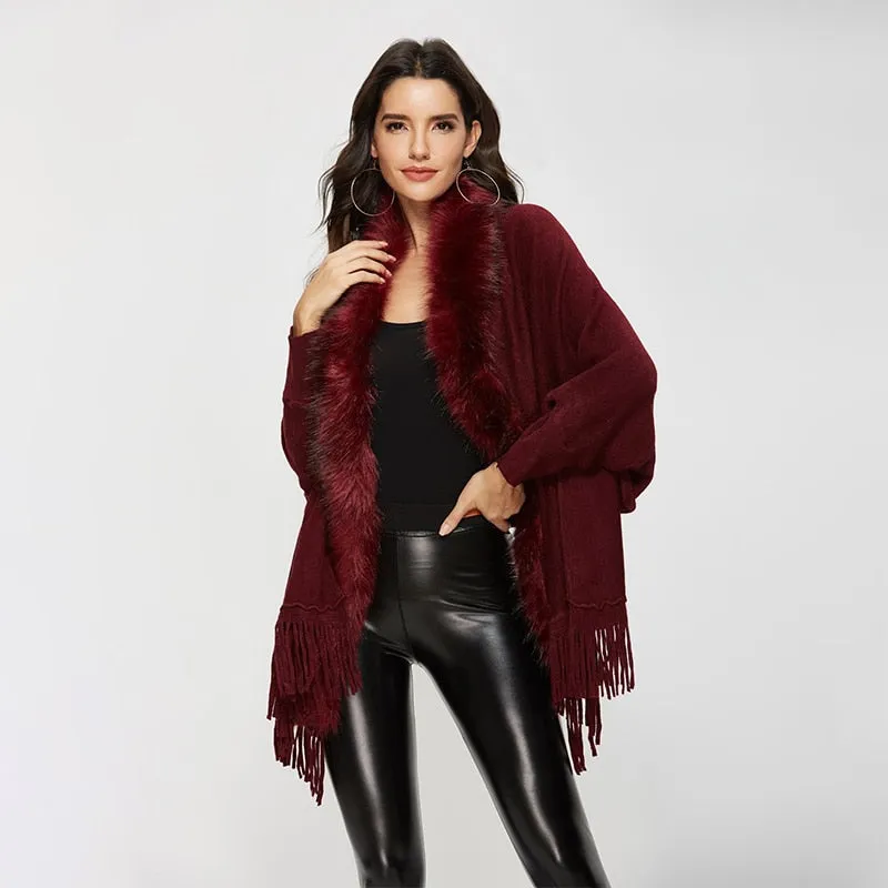 Shawl Pashmina-Style Cape Wrap Throw-Over With Stylish Fur Collar