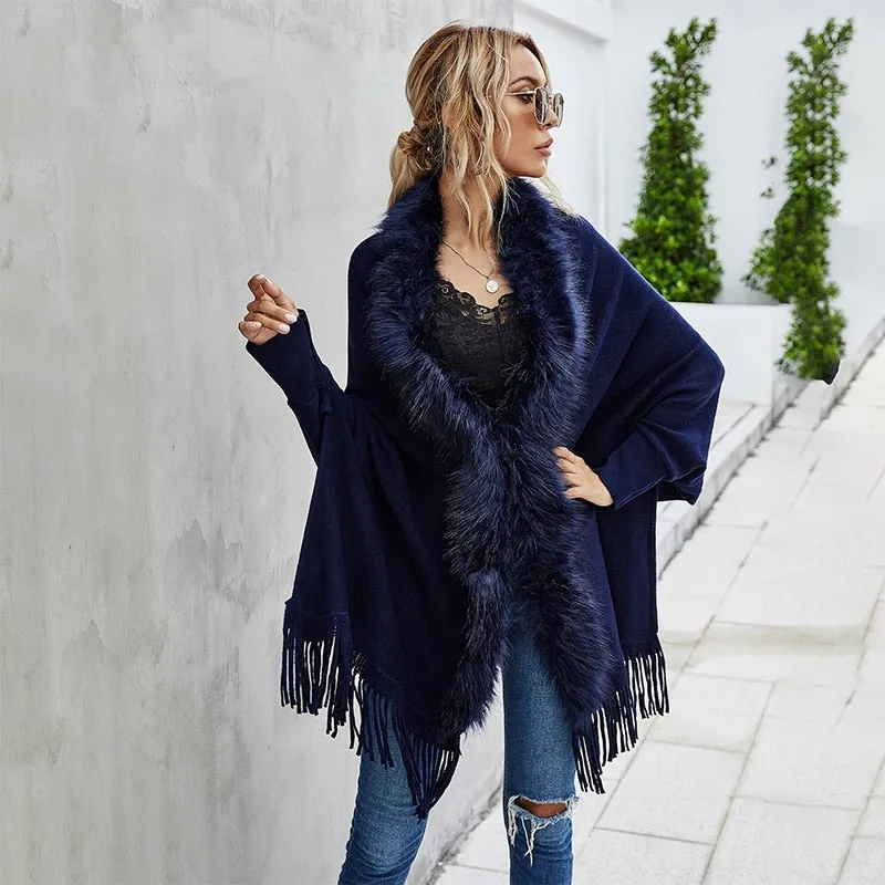 Shawl Pashmina-Style Cape Wrap Throw-Over With Stylish Fur Collar