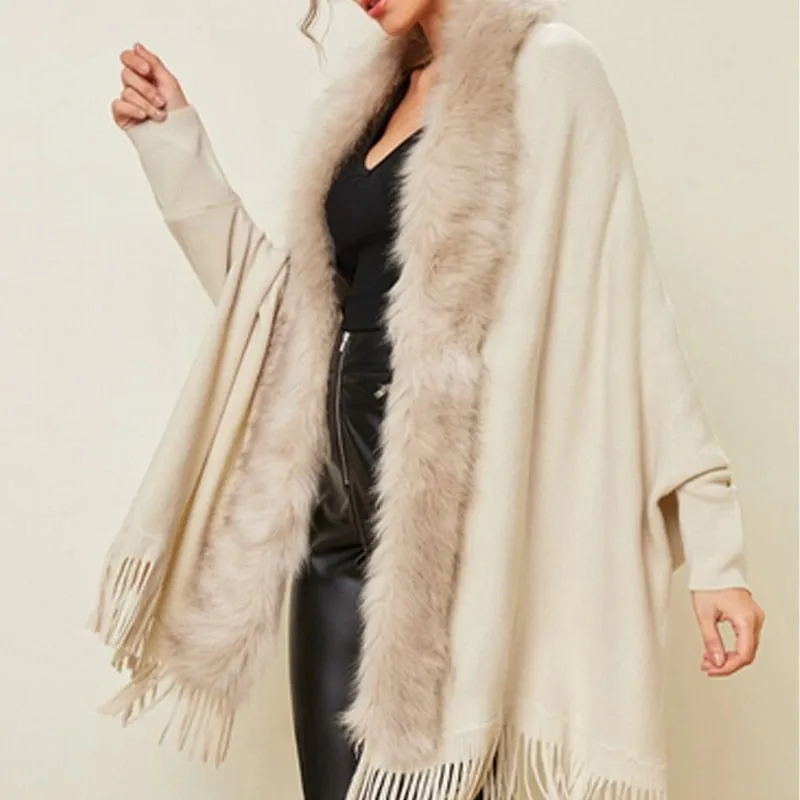 Shawl Pashmina-Style Cape Wrap Throw-Over With Stylish Fur Collar