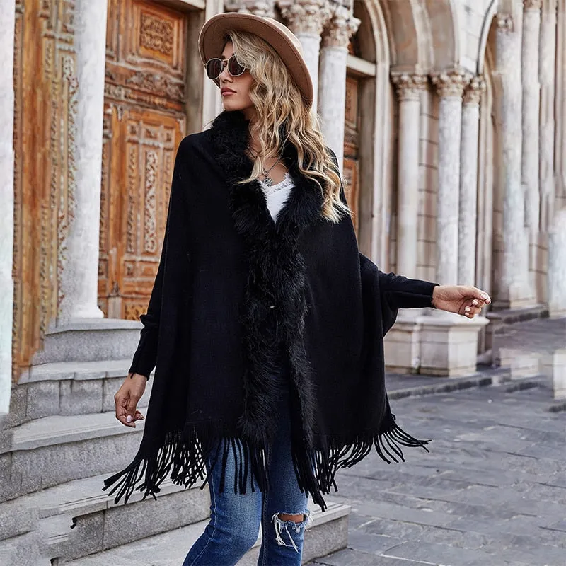 Shawl Pashmina-Style Cape Wrap Throw-Over With Stylish Fur Collar