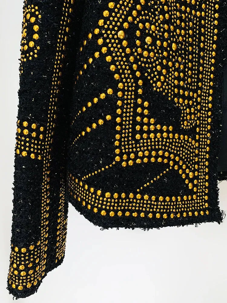 Trend4us Women's Embellished Gold Studded Tweed Jacket