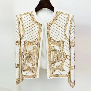 Trend4us Women's Embellished Gold Studded Tweed Jacket