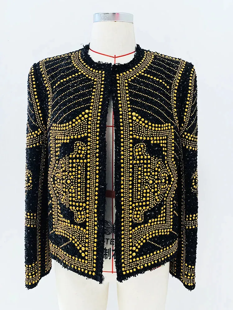 Trend4us Women's Embellished Gold Studded Tweed Jacket