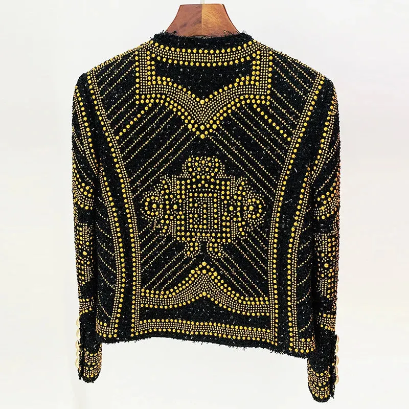 Trend4us Women's Embellished Gold Studded Tweed Jacket