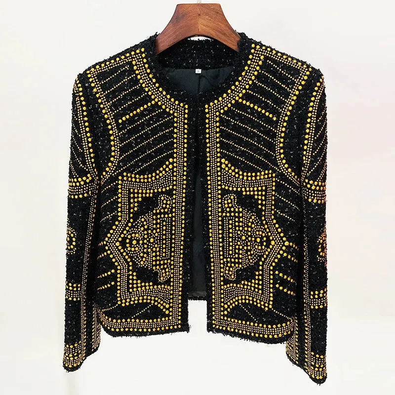 Trend4us Women's Embellished Gold Studded Tweed Jacket