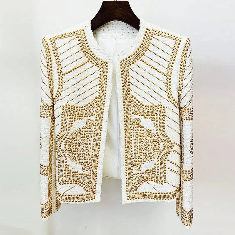 Trend4us Women's Embellished Gold Studded Tweed Jacket
