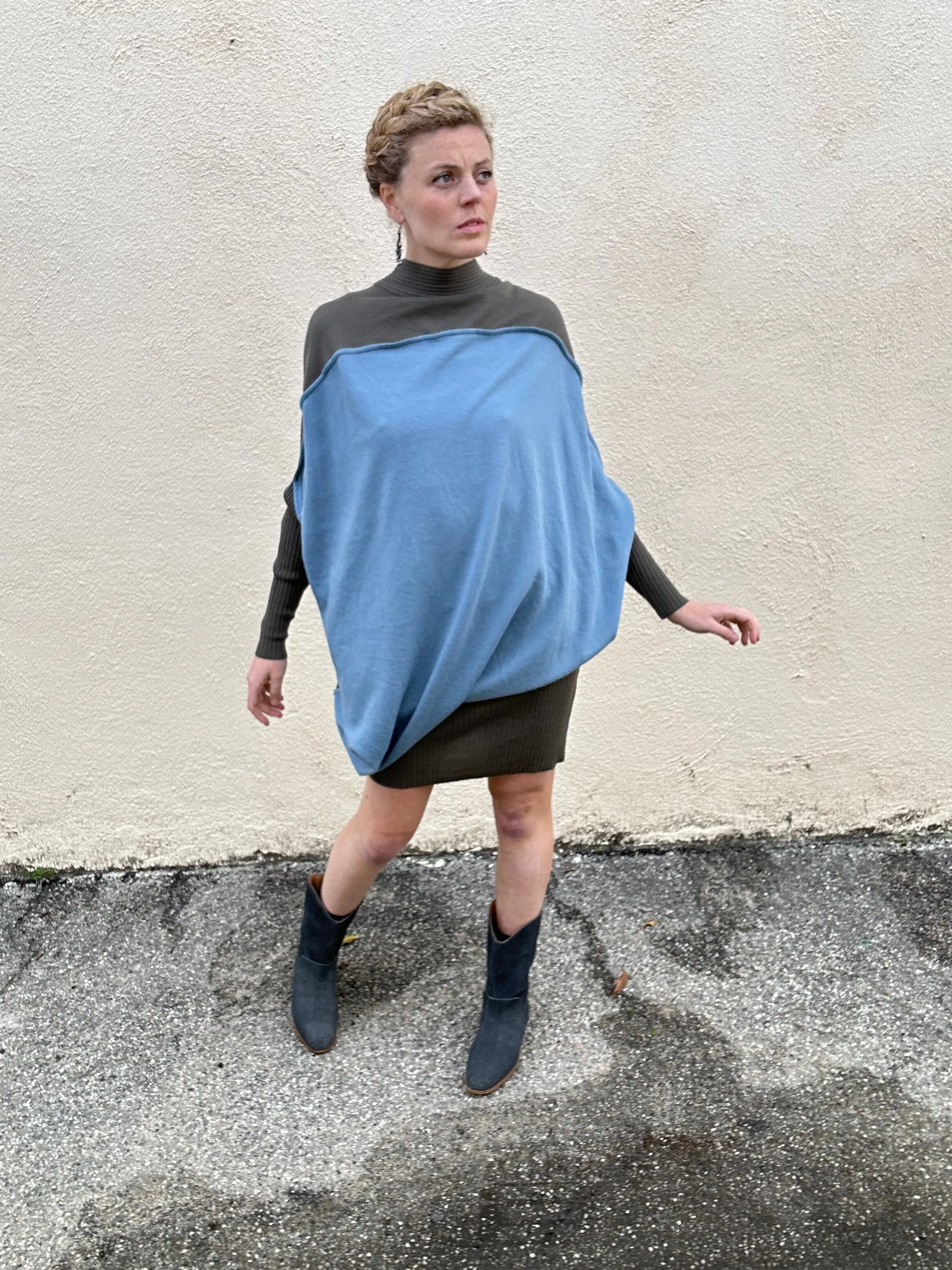 Vintage Issey Miyake Asymmetrical Grey & Blue Wool Dress