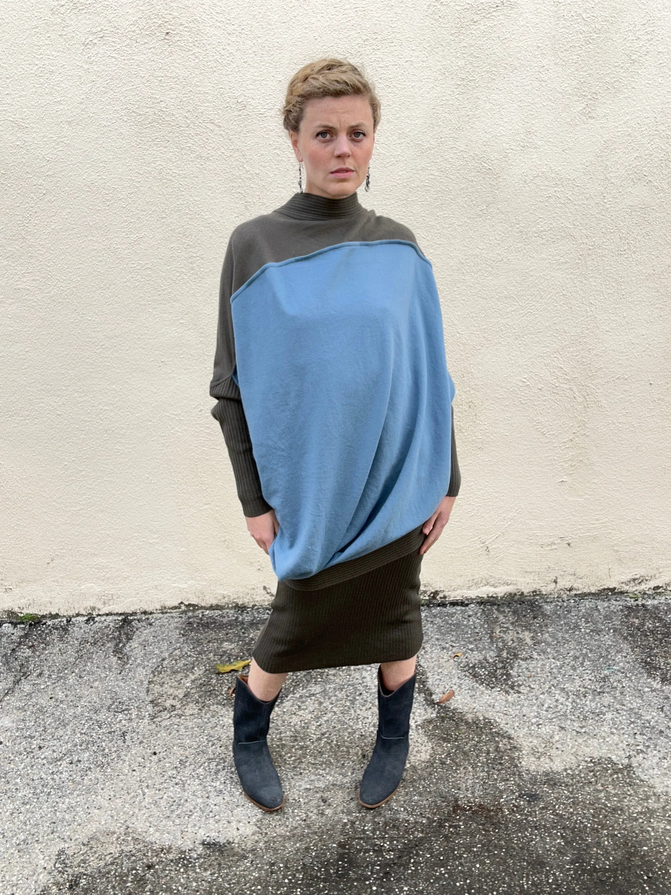 Vintage Issey Miyake Asymmetrical Grey & Blue Wool Dress