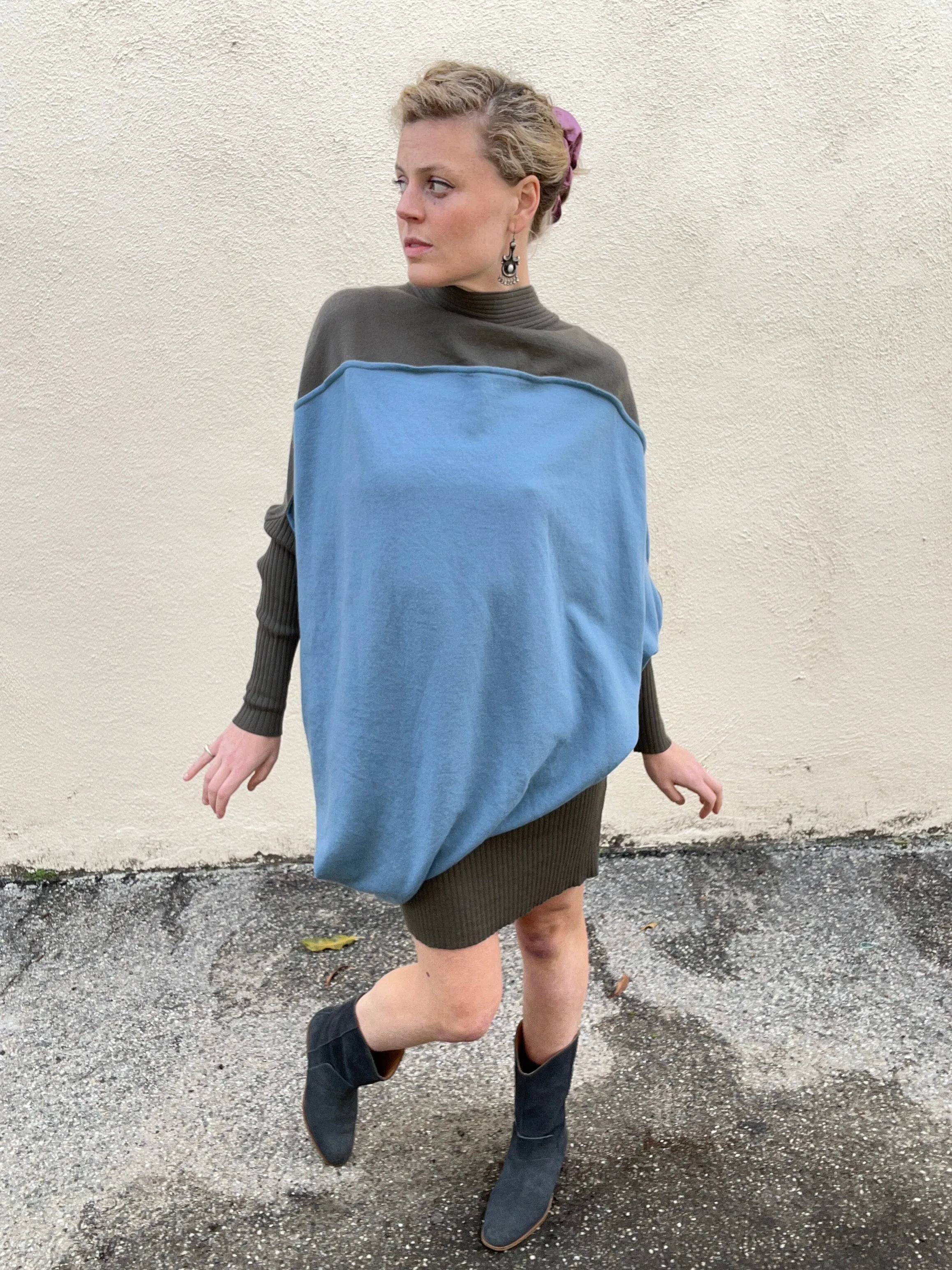 Vintage Issey Miyake Asymmetrical Grey & Blue Wool Dress