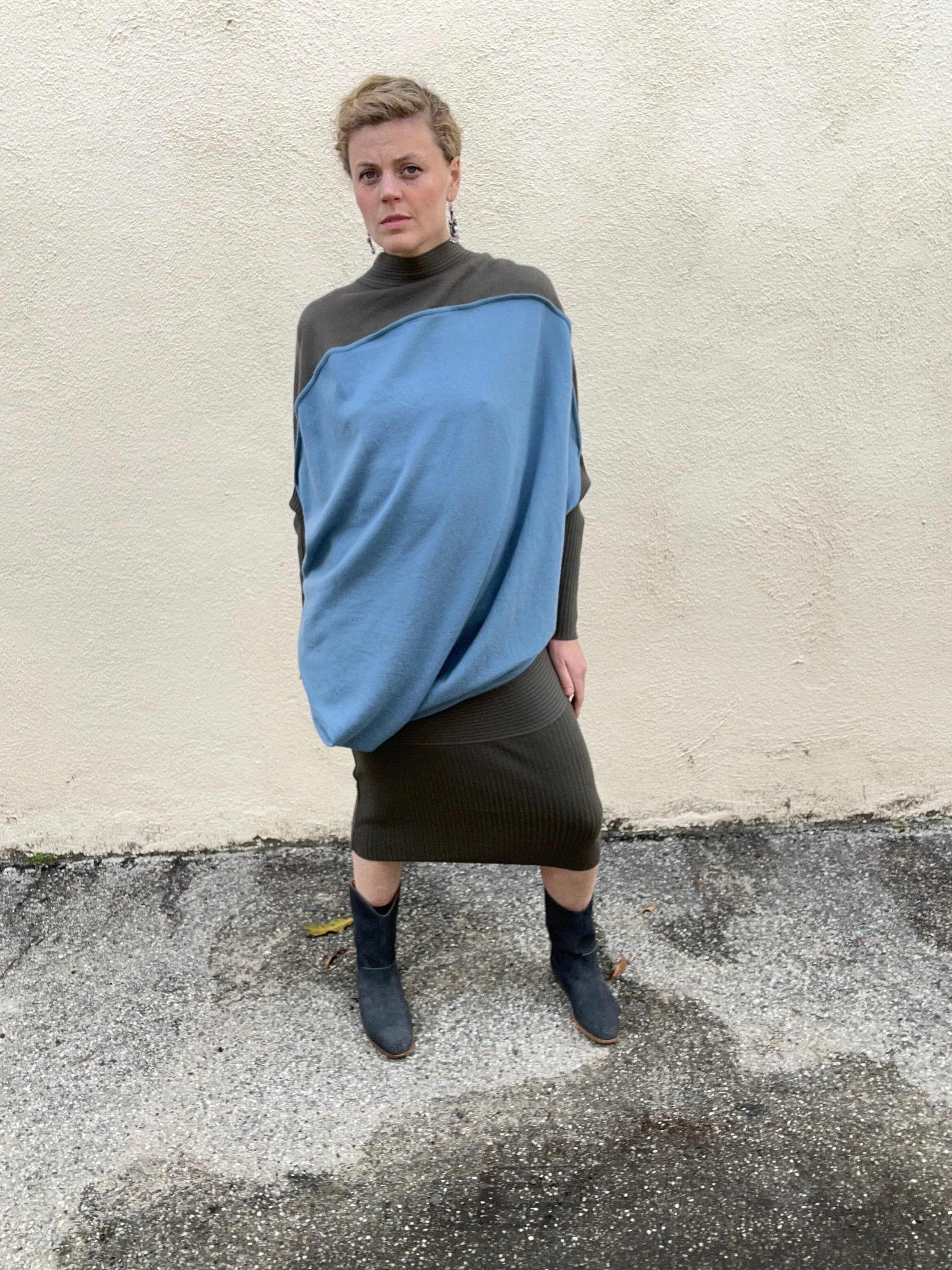 Vintage Issey Miyake Asymmetrical Grey & Blue Wool Dress