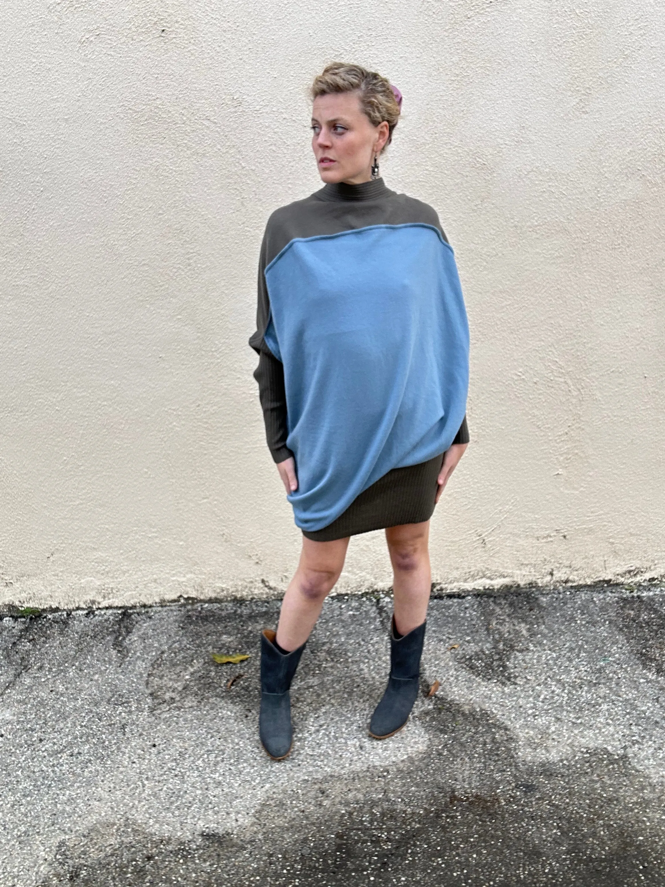 Vintage Issey Miyake Asymmetrical Grey & Blue Wool Dress