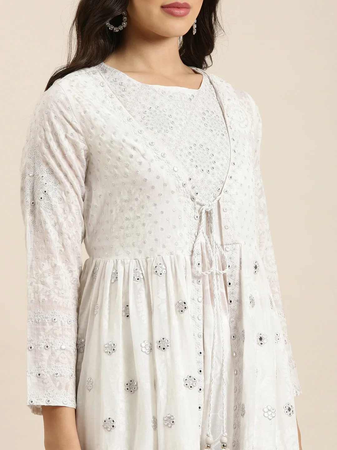 Women Anarkali White Floral Kurta and Sharara Set Comes With Dupatta and Potli Bag & Coat