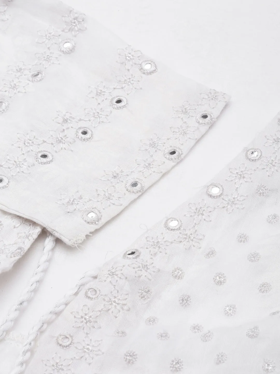 Women Anarkali White Floral Kurta and Sharara Set Comes With Dupatta and Potli Bag & Coat