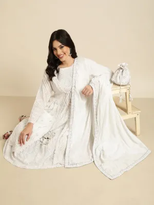 Women Anarkali White Floral Kurta and Sharara Set Comes With Dupatta and Potli Bag & Coat