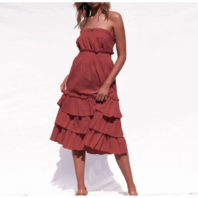 Women's Summer Casual Linen High-Waist Ruffled Long Dress