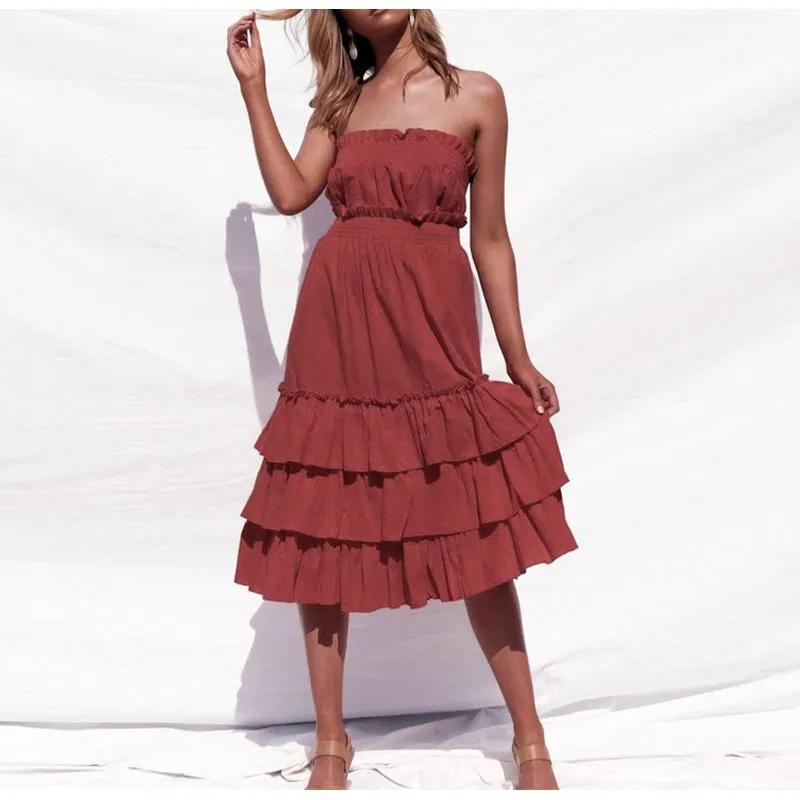 Women's Summer Casual Linen High-Waist Ruffled Long Dress