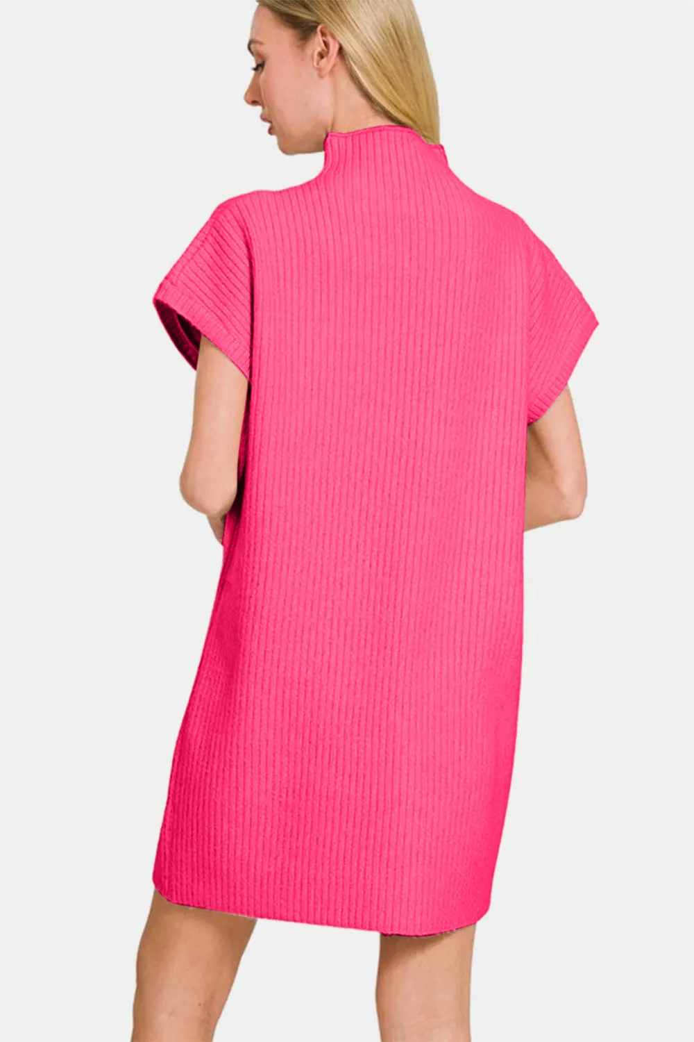 Zenana Hot Pink Short Sleeve Sweater Mini Dress