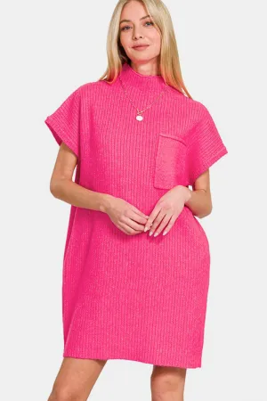 Zenana Hot Pink Short Sleeve Sweater Mini Dress