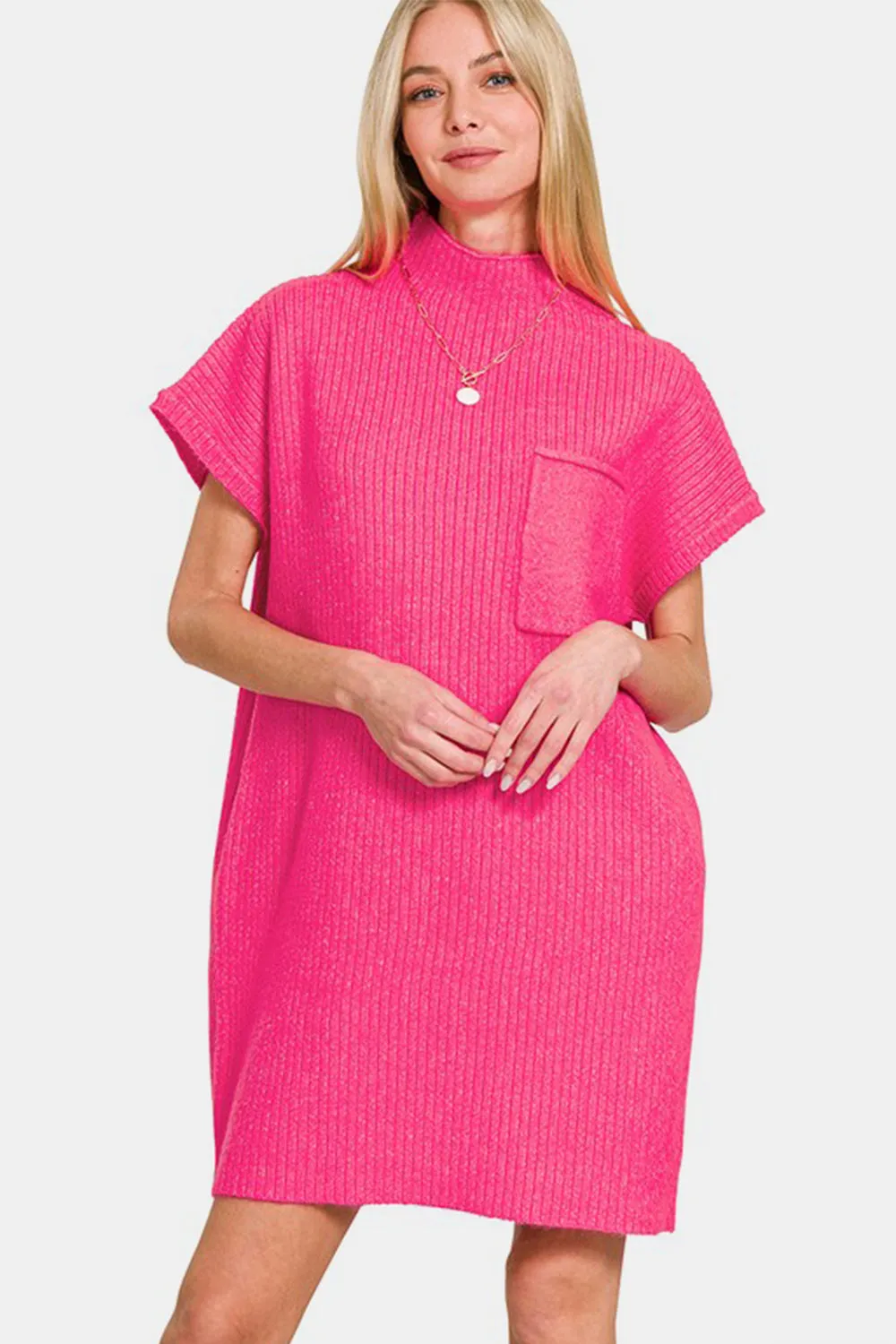 Zenana Hot Pink Short Sleeve Sweater Mini Dress